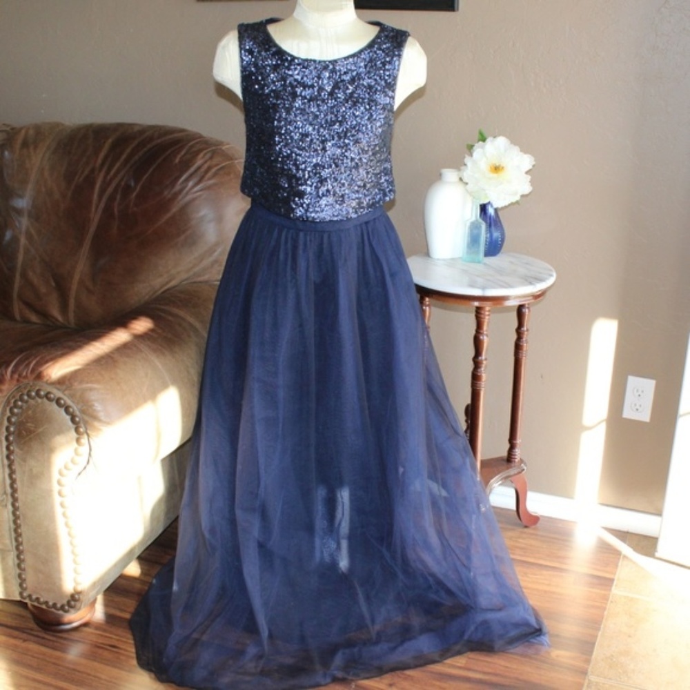 Vera Wang | Navy Sequin Bodice Mesh Ball Gown